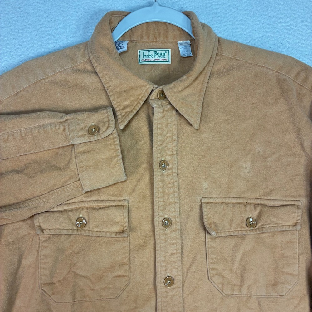 Vintage LL Bean Chamois Cloth Shirt Men 17.5 Tan Heavyweight Cotton Made USA 80s